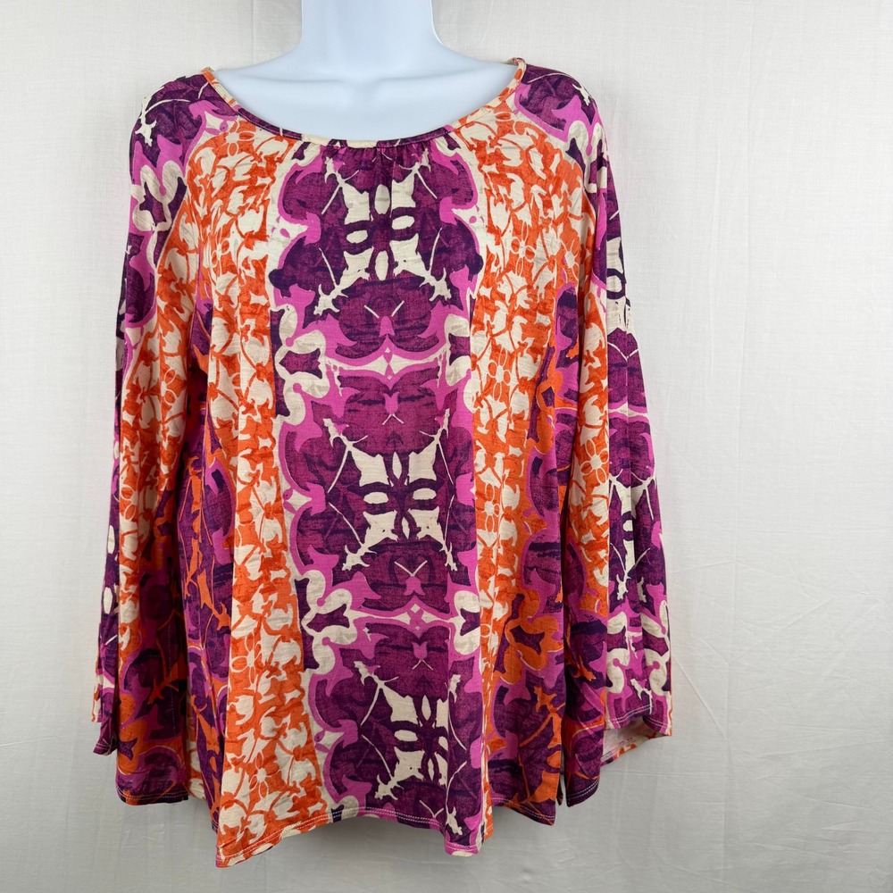 Chicos Medallion Print Bell Sleeve Top Purple Orange Pink Size 1 Womens Blouse